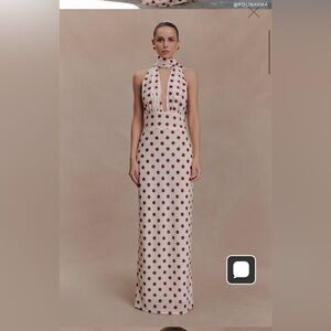 MESHKI Polka Dot Halter Maxi Dress in Cream and Burgundy XS